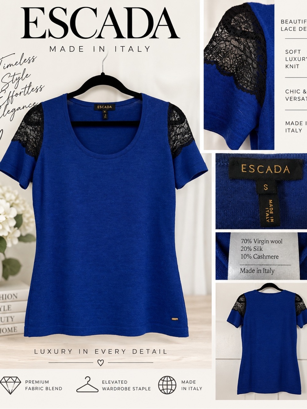💙 ESCADA Luxury Cobalt Blue Lace-Shoulder Knit Top | Size Small | Made in Italy